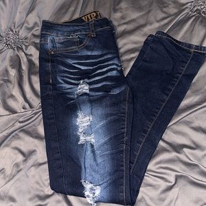distressed Dark denim jeans